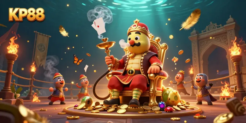 Engaging scene illustrating the KP88 online casino with a hookah-master, golden coins, and dynamic game elements.
