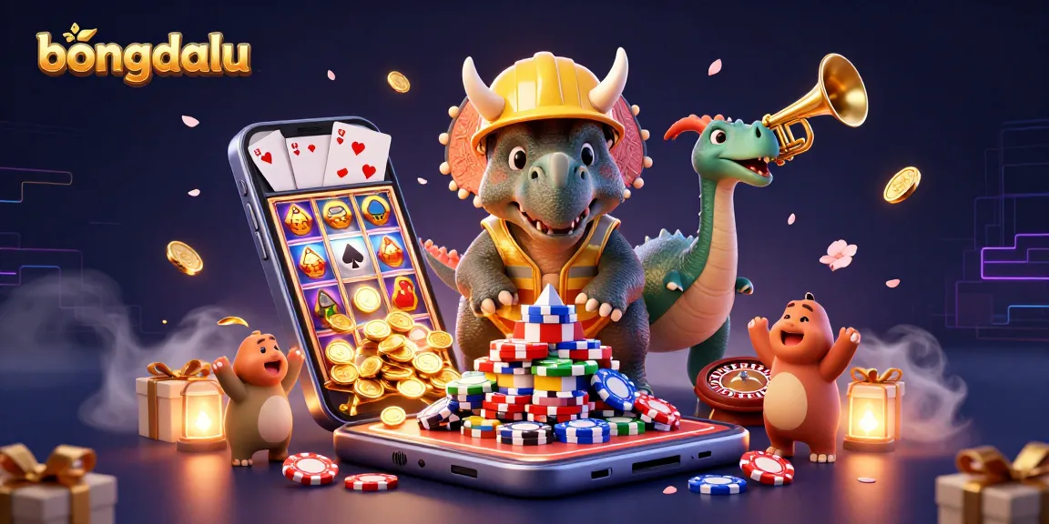 Bongdalu illustration showcasing a triceratops and parasaurolophus celebrating casino gaming with colorful slot game elements.