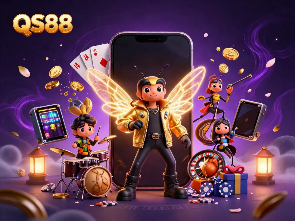 Join QS88's vibrant casino experience featuring a cicada rock star, slot games, and golden coins!