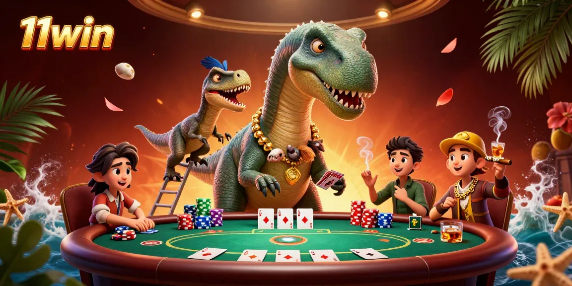 11win poker scene featuring a huge brontosaurus with a raptor dealer, surrounded by vibrant game elements.