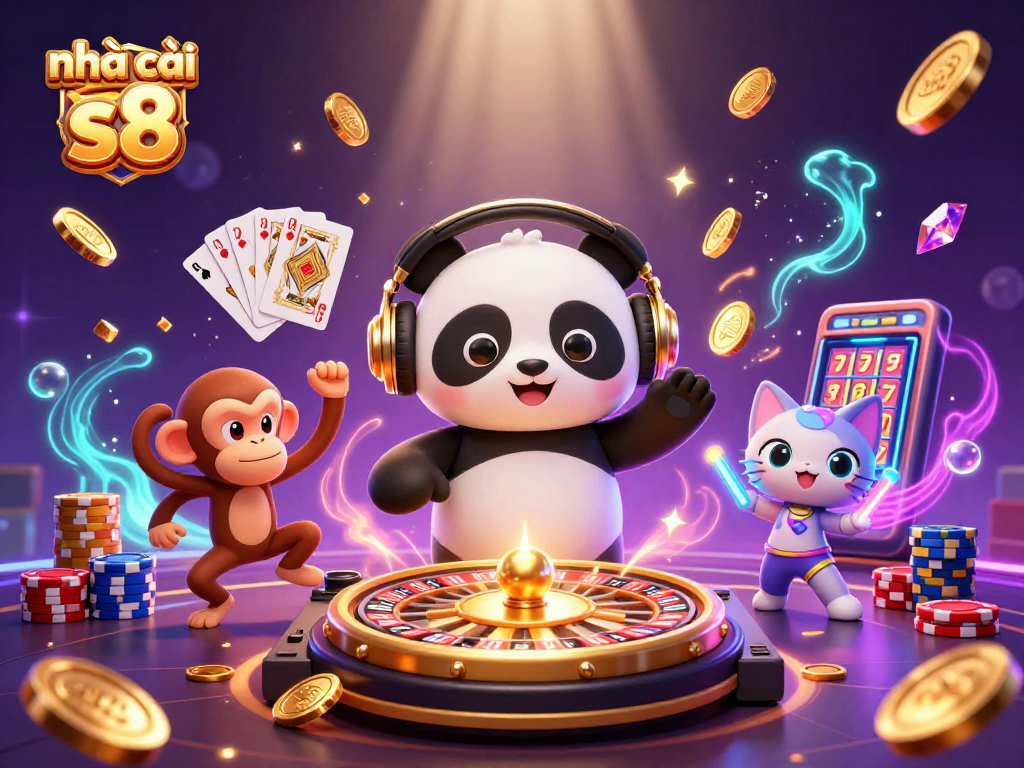 Experience thrilling slots in this vibrant scene showcasing nhà cái s8 with energetic characters.