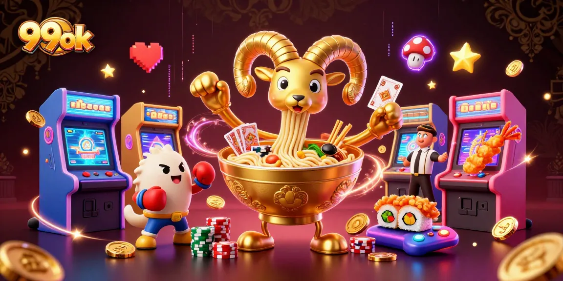 Engage in thrilling games at 99ok with a vibrant casino-themed illustration featuring animated characters.