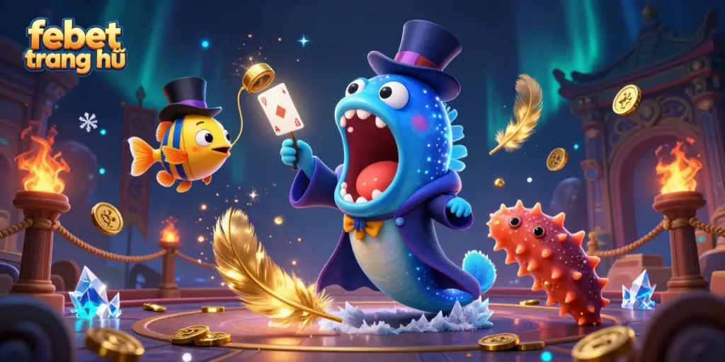 Experience the thrill of febet trang chủ with a magical underwater casino scene featuring card tricks and mystical effects.