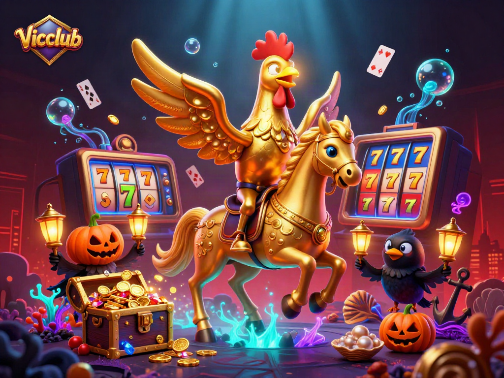 Vicclub's vibrant casino scene showcases the golden rooster and its pumpkin-headed companions.