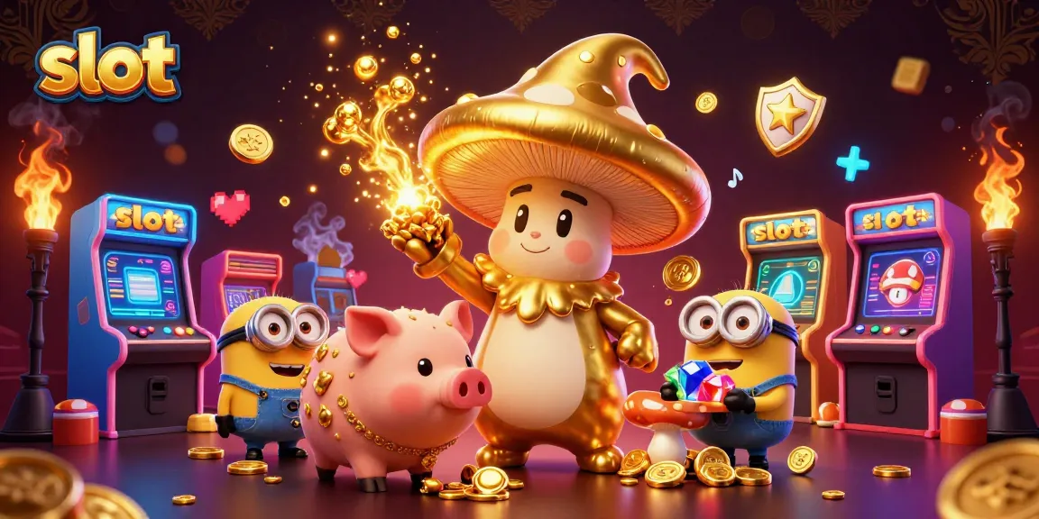 Spin the slot reels with magic from a golden mushroom wizard in this vibrant casino scene.