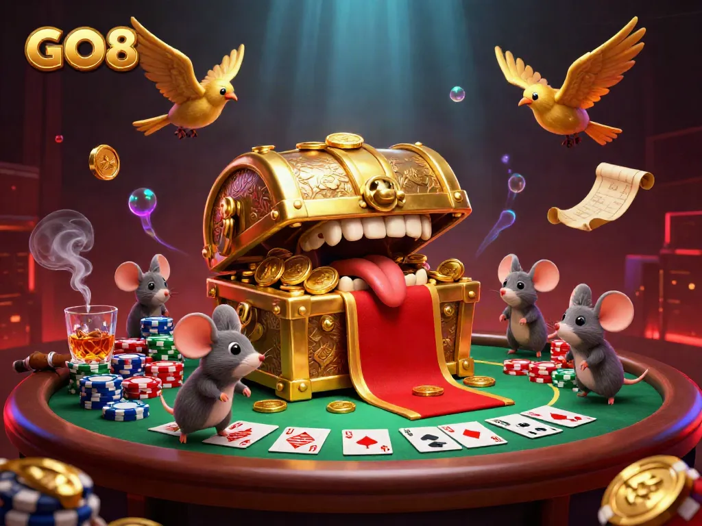 Engaging scene depicting GO8 treasure chest and animated mice around a poker table with vibrant elements.