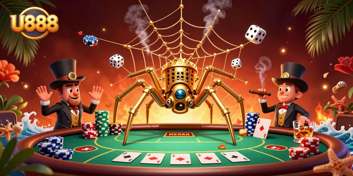 U888 showcases a vibrant 3D scene of a golden spider capturing unlucky dice amidst an exciting poker atmosphere