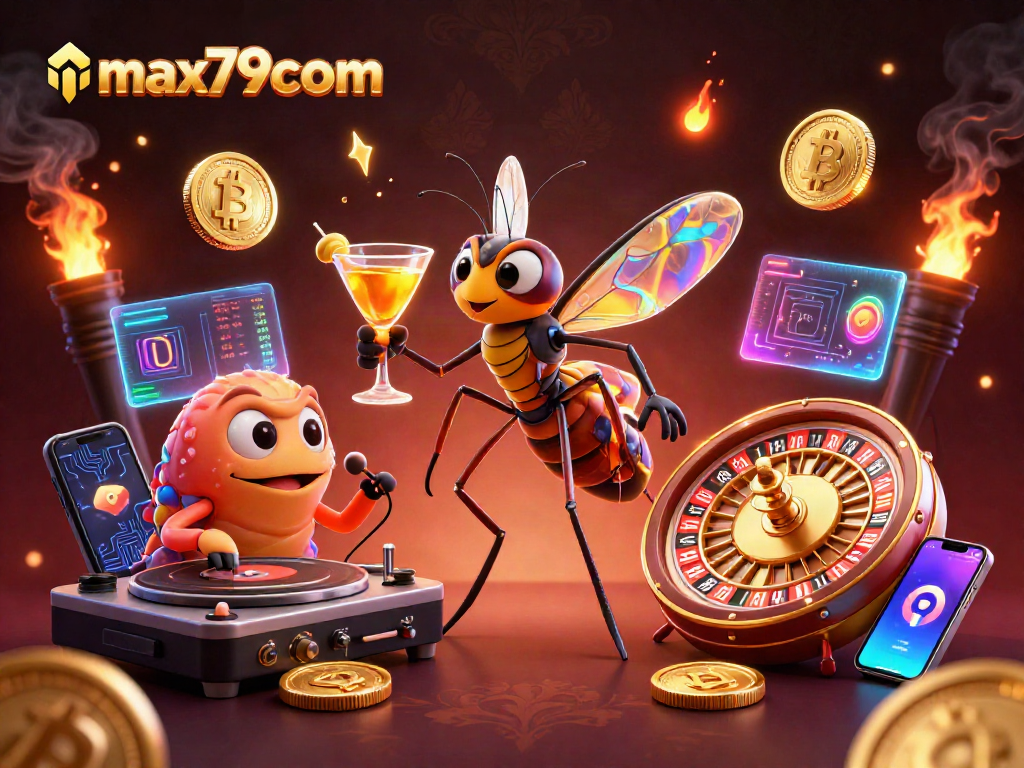 Engage with crypto gaming at max79com, featuring vibrant casino mascots and exciting game symbols.