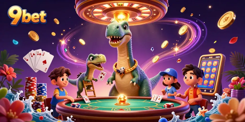 Experience thrilling moments betting at 9 bet with a playful dinosaur dealer in an energetic casino atmosphere.
