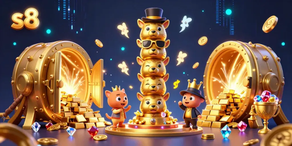 Engage in the vibrant world of S8's casino with a golden totem pole attracting fortune amidst bursting treasure.
