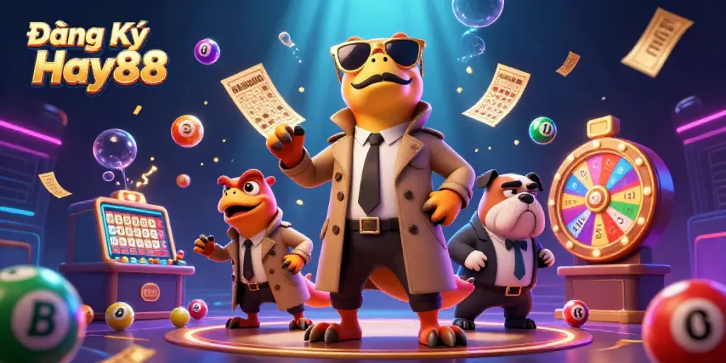 Engaging scene depicting Đăng Ký Hay88 with raptors in disguise entering a VIP casino, surrounded by lottery elements.