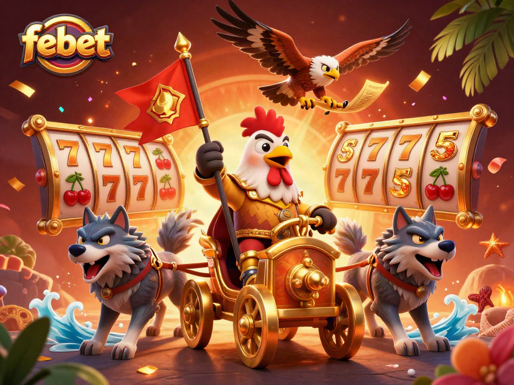 Experience thrilling action with febet in vibrant 3D casino illustration featuring a rooster warlord.
