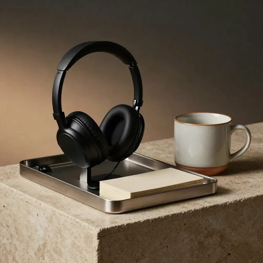 Closed headset and inbox tray on a stone sideboard with a mug in dramatic light.