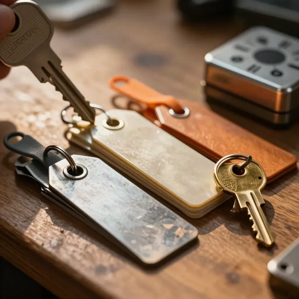 Macro still life of cable ties, brass key ring, task timer and production tags on walnut wood.