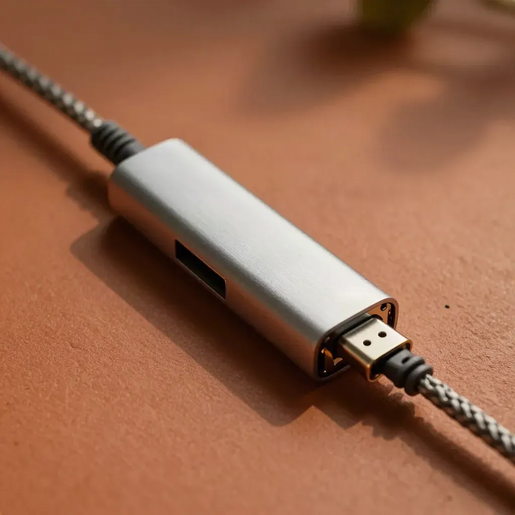 Overhead close-up of RJ45 couplers, USB-C adapters, hub, and braided cable on terracotta clay.