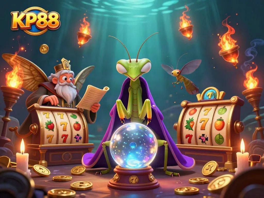 KP88 showcases an enchanting scene with a praying mantis fortune teller, slot reels, and gold coins.