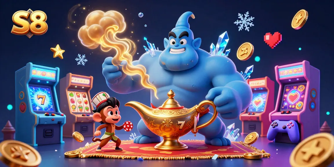 Experience exciting S8 gaming with a genie and poker chips in a dynamic casino scene.