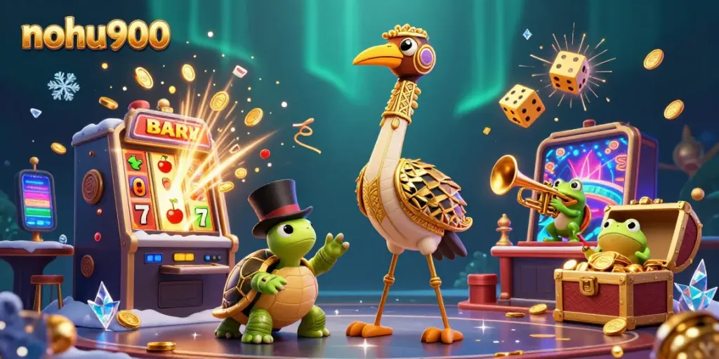 Experience exciting gameplay at nohu900 with vibrant slot machines, dynamic characters, and festive visuals.