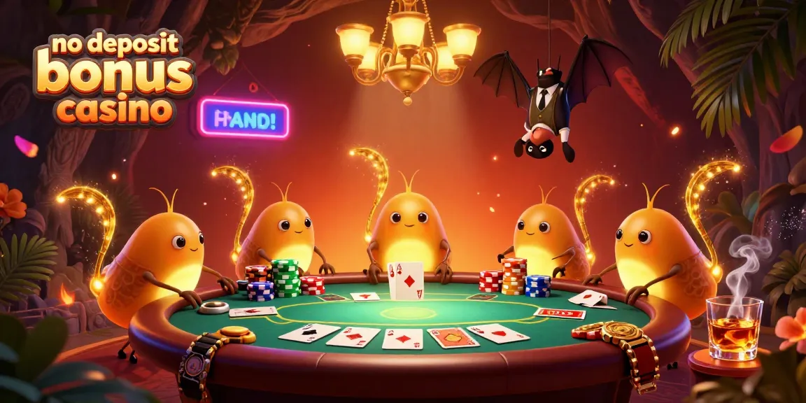 Experience thrilling wins at a no deposit bonus casino with glowworms illuminating a vibrant poker scene.