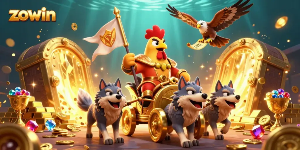 Experience thrilling gameplay with Zowin in this vibrant casino adventure scene filled with treasures.