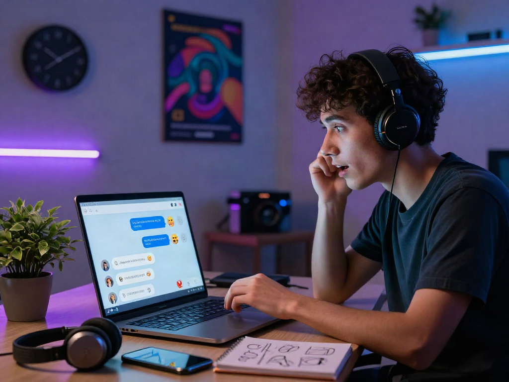 Immersive nsfw ai chat scene with user engaged in lively conversation on a sleek laptop in a neon-lit room.