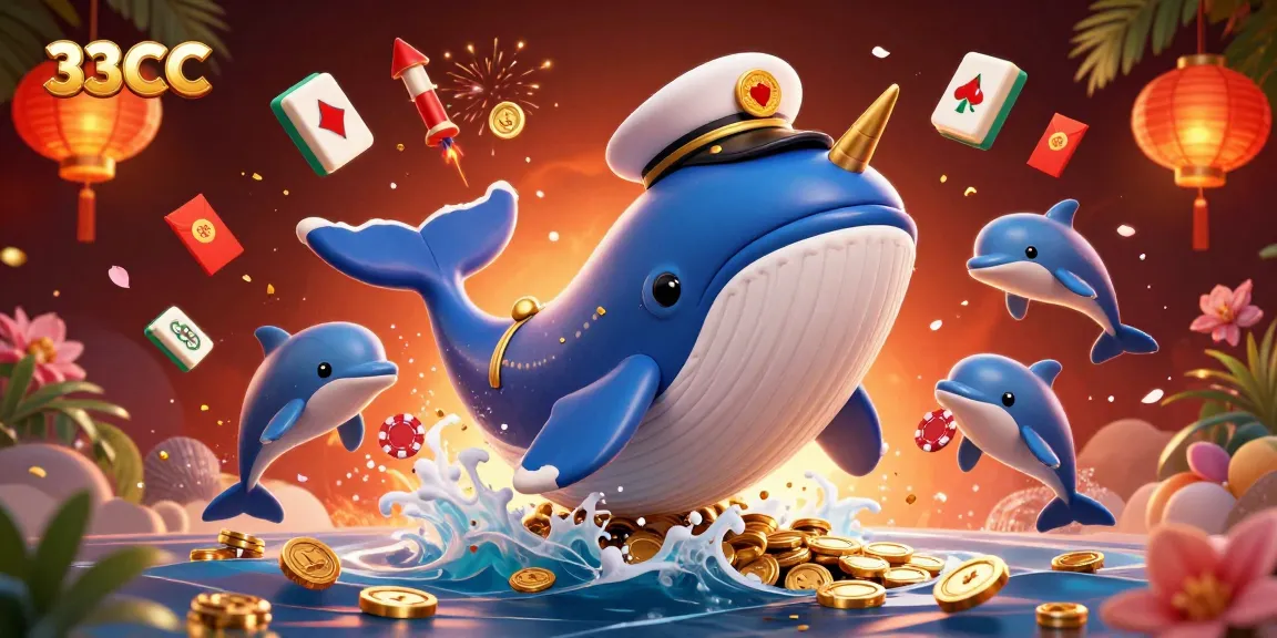 Experience thrilling adventures with 33CC as playful dolphins and a captain whale celebrate in a vibrant casino scene.
