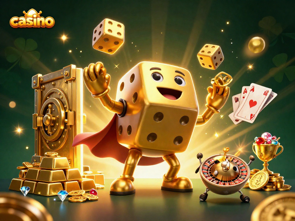 Exciting casino scene featuring a massive golden dice golem and dazzling treasures.