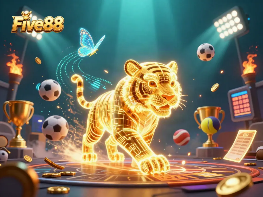Immerse yourself in Five 88's thrilling casino world, featuring a golden tiger and dynamic sports elements.