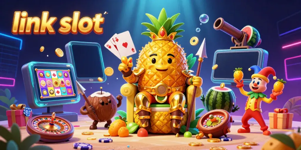 Experience the thrill of link slot as the golden pineapple king dazzles in a vibrant casino scene.