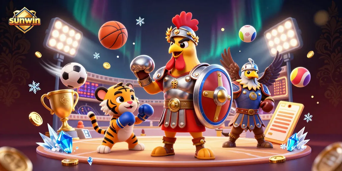 Win at sunwin with a luxurious 3D illustration featuring a gladiator rooster and sports elements.