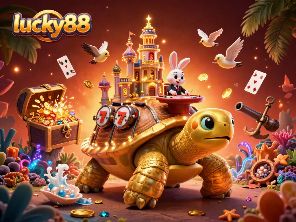 Engage with lucky88 in a vibrant 3D casino experience featuring a giant tortoise, a rabbit dealer, and dynamic gaming elements.