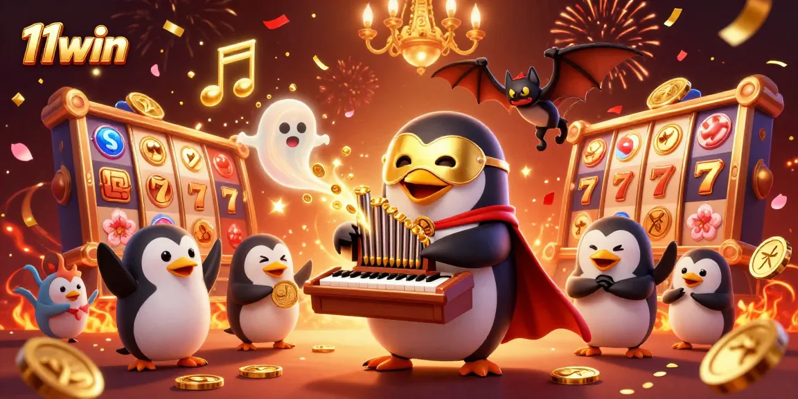 Experience thrilling slots action with the vibrant scene of 11win’s cartoon penguin and gold coins.