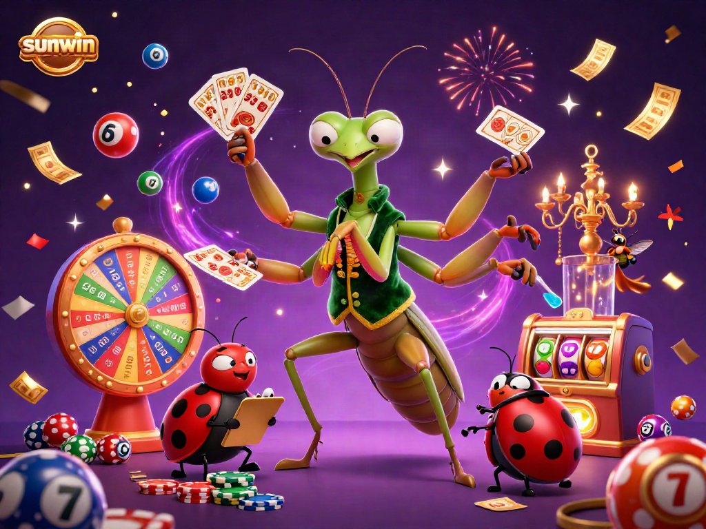 Engage with sunwin's vibrant lottery scene featuring a mantis card sharp and ladybug pit boss in action.