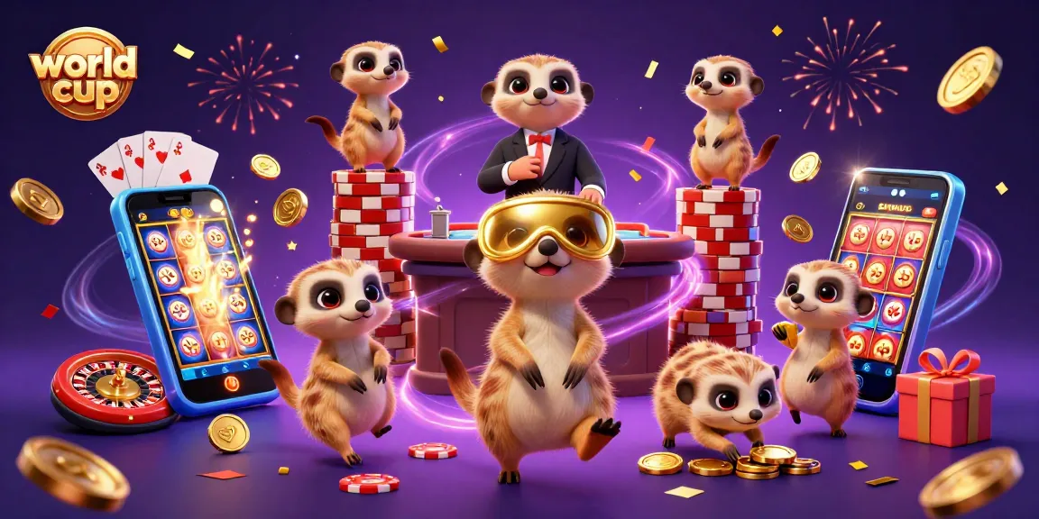 The world cup spirited meerkats engage in a lively casino operation, combining vibrant slot games and festive decor.
