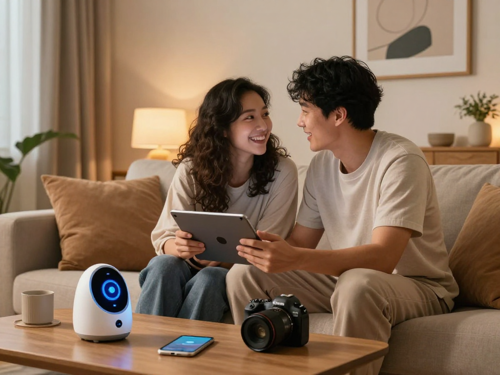 Couple exploring AI sex technology together in a cozy home environment.