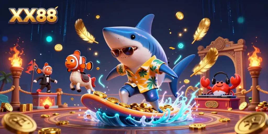 Experience thrilling action with XX88 as a hammerhead shark surfs on a wave of gold coins.