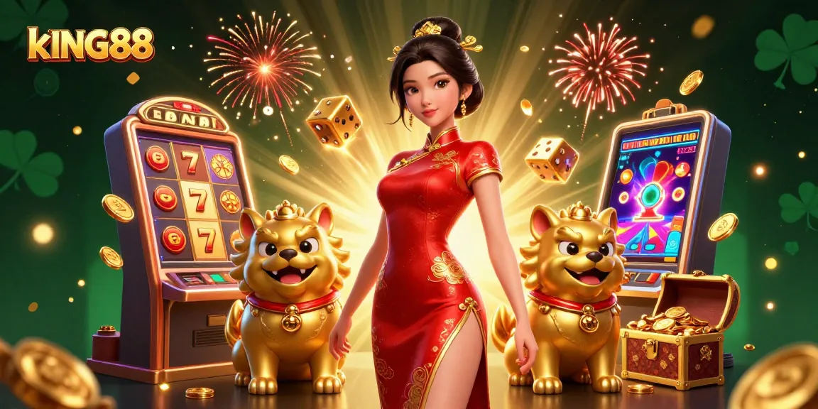 Experience thrilling kING88 gameplay with a glamorous character amidst glamorous slot action and exciting game elements.