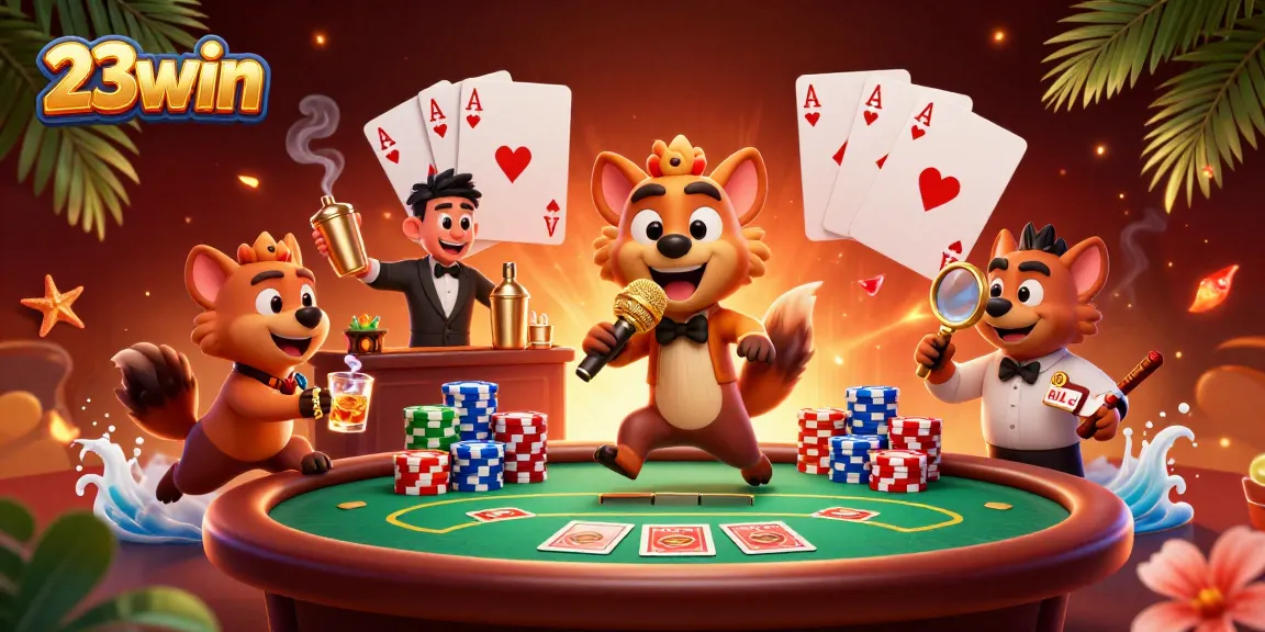 Experience the vibrant casino atmosphere at 23win with 3D cartoon hyenas enjoying games and entertainment.