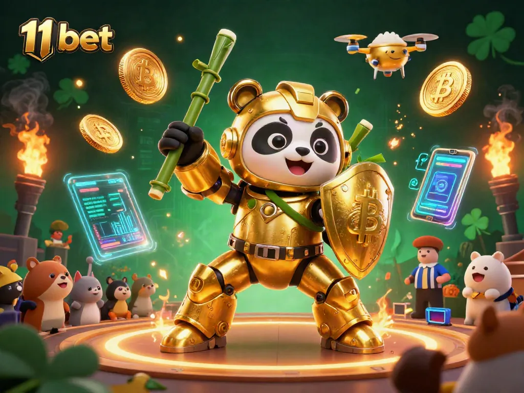 Experience thrilling gaming action with 11 bet in this dynamic arena illustration featuring 3D golden panda and crypto elements.