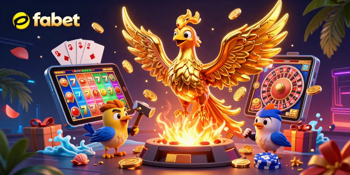 Engage with fabet's gaming excitement featuring a molten golden phoenix and vibrant casino elements.