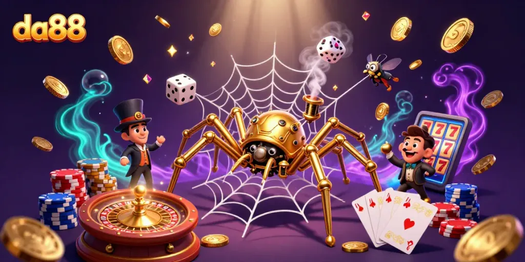 Spin and win with DA88's vibrant casino atmosphere featuring gold coins, roulette, and poker.