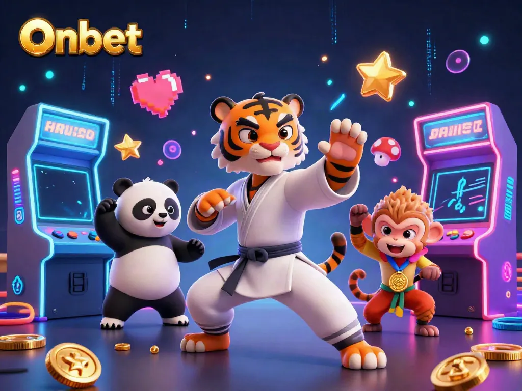 Experience excitement at Onbet with a kung fu tiger, panda disciple, and a monkey stealing gold in a vibrant casino setting.