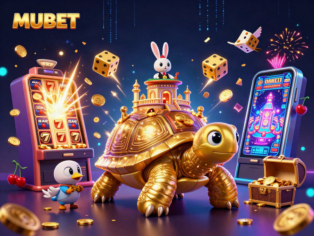 MUBET's vibrant casino scene showcases a golden tortoise, rabbit dealer, and a whirlwind of gaming excitement.