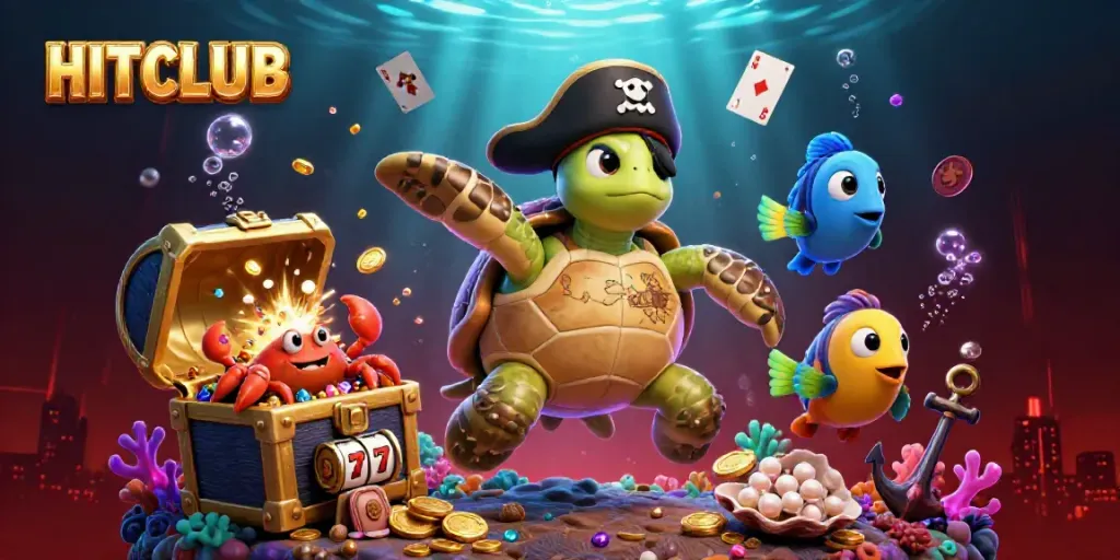 Engage with HITCLUB's pirate-themed casino adventure, showcasing colorful underwater treasures and playful characters.