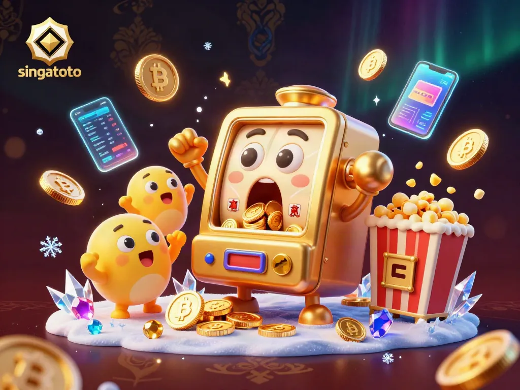 Win big at singatoto as the golden slot machine celebrates a jackpot surrounded by cheering slot friends.