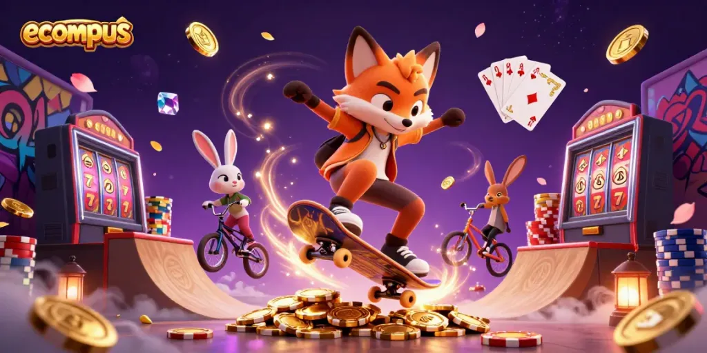 Watch ecompus win with exciting games featuring a cartoon fox and rabbit in a casino scene.
