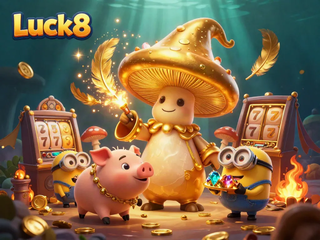 Experience thrilling gameplay at Luck8 with golden treasures and magical characters in a vibrant casino scene.