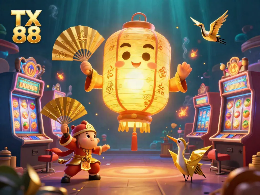 Experience the magic of TX 88 at a vibrant casino with colorful slot machines and golden lantern spirits.