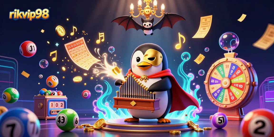 Engage with rikvip98’s vibrant gaming world through a dynamic 3D illustration of a penguin playing a pipe organ, surrounded by lottery elements.