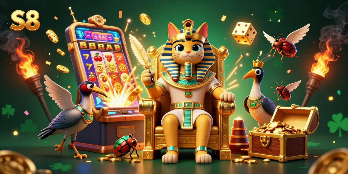 Play thrilling games at S8 with a vibrant illustration of an Egyptian pharaoh cat and exciting casino elements.